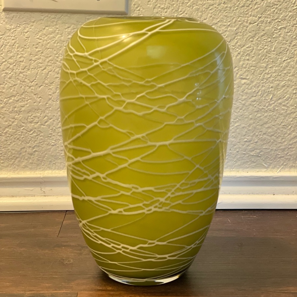 Vintage Hand Blown Cased Glass Green White Overlay White Inside Vase 11"